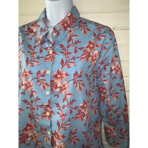 CHARTER CLUB Sz 14 Blue Salmon Pink Floral Button Up 100% Cotton Tunic EUC